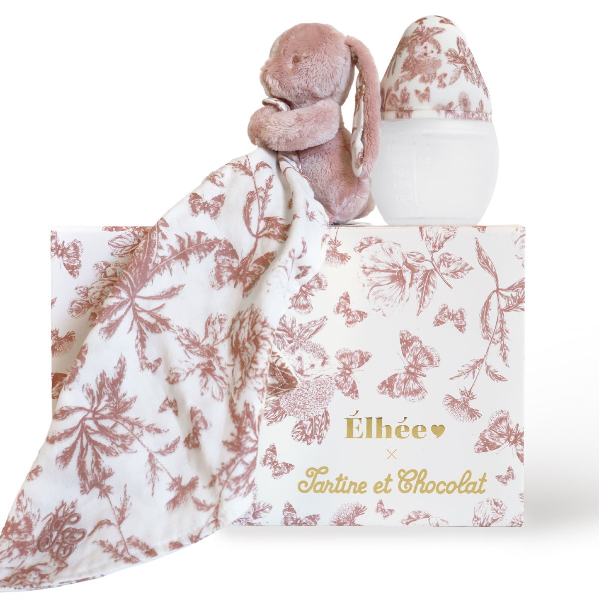 Coffret Biberon + Doudou | Tartine et Chocolat "Toile de Jouy" Terracotta - Élhée